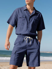 Navy blue relaxed-fit button-up shirt and drawstring shorts set with cargo pockets.