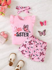 Pink ruffled sleeve baby t-shirt with "Little SISTER" butterfly graphic and matching butterfly print shorts.