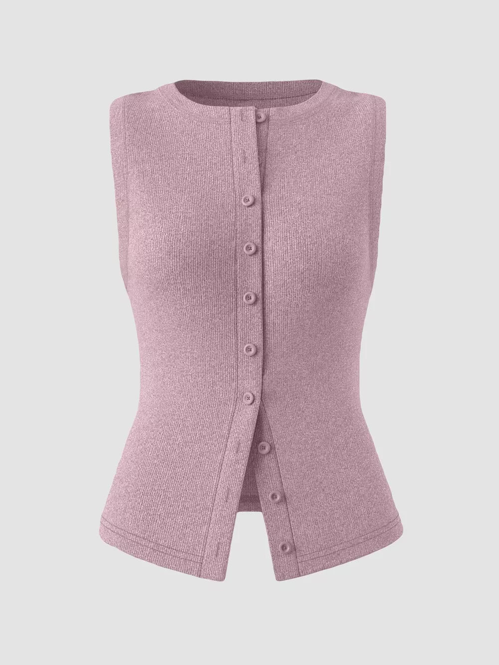 Pink ribbed button-front fitted tank top with a crew neck and sleeveless design.