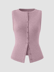 Pink ribbed button-front fitted tank top with a crew neck and sleeveless design.