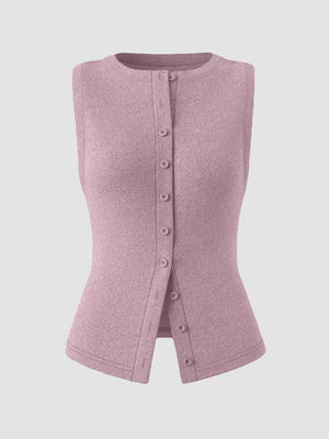 Pink ribbed button-front fitted tank top with a crew neck and sleeveless design.