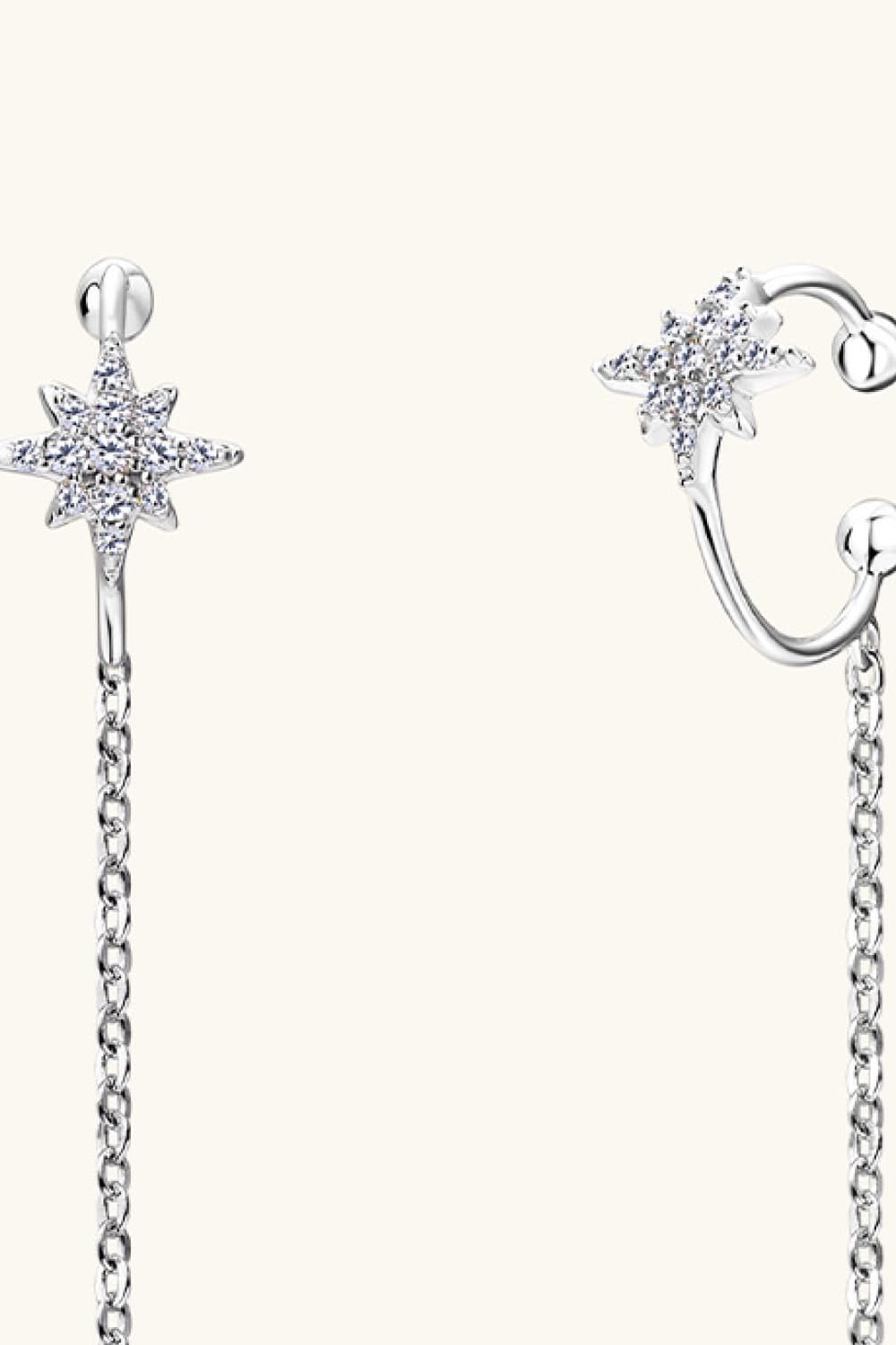 Silver moissanite starburst threader earrings with chain detail
