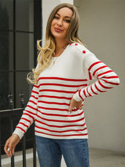 White and red striped acrylic sweater with shoulder buttons