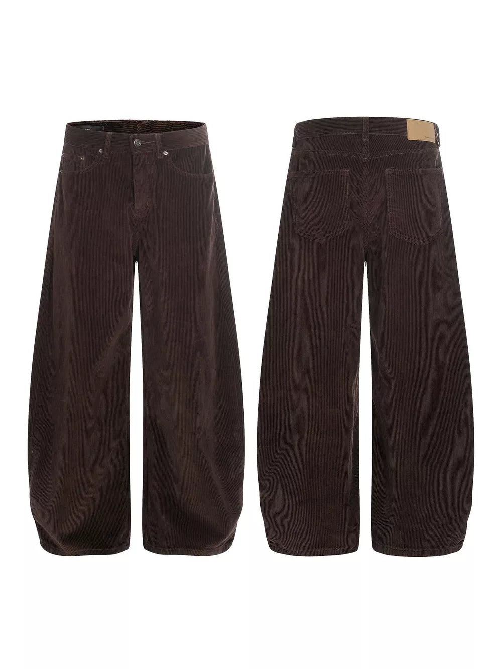 Brown corduroy wide-leg joggers with button fly and adjustable waist.