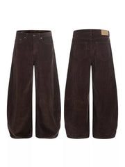 Brown corduroy wide-leg joggers with button fly and adjustable waist.