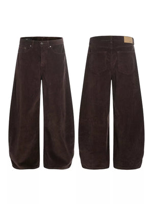 Brown corduroy wide-leg joggers with button fly and adjustable waist.
