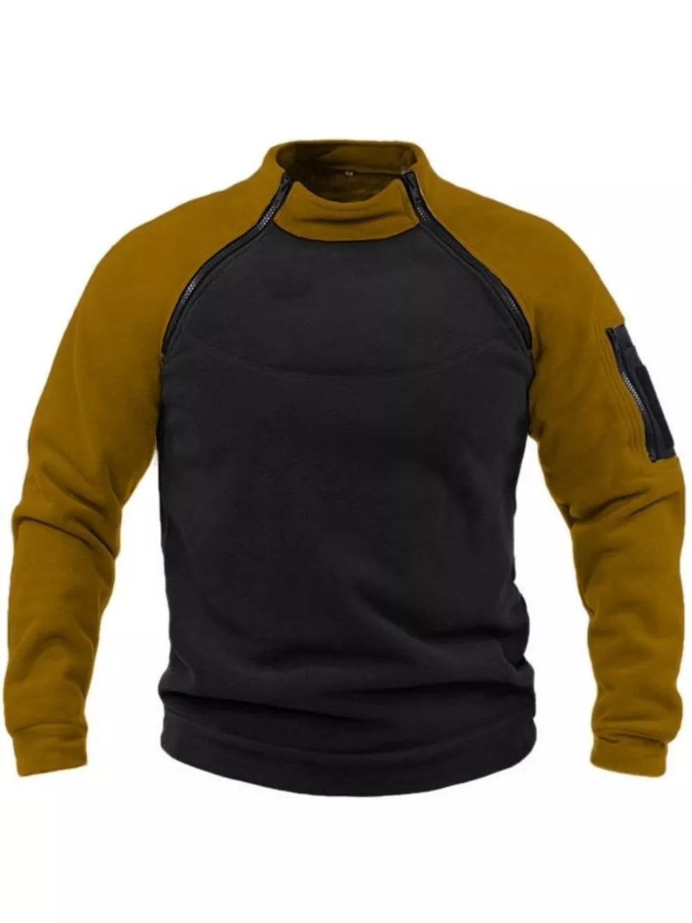 Men's two-tone fleece sweatshirt with zippered pockets in tan and black.