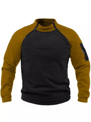Men's two-tone fleece sweatshirt with zippered pockets in tan and black.