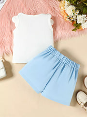 Baby girl's white ribbed tank top with ruffled sleeves and sky blue bow skort.