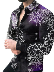 Cosmic print stretch button-down shirt in black with purple gradient and white snowflake pattern.