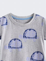 Boys' grey cotton t-shirt with a blue and purple turtle print.