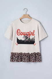 Cream cotton blend graphic tee with cowgirl print and leopard ruffled hem