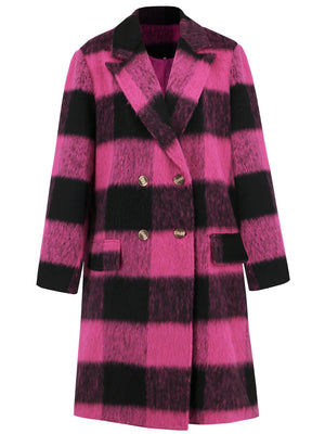 Hot pink and black plaid double-breasted cocoon coat with gold buttons.