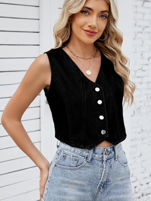 Black denim cropped vest with V-neck and button-up front