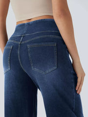 Maternity wide-leg denim jeans in dark blue with contrast stitching and back pockets.