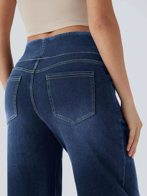 Maternity wide-leg denim jeans in dark blue with contrast stitching and back pockets.