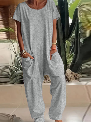 Loose Fit V-neck Short Sleeve Wide Leg Jumpsuit in Floral Gray, alternate angle