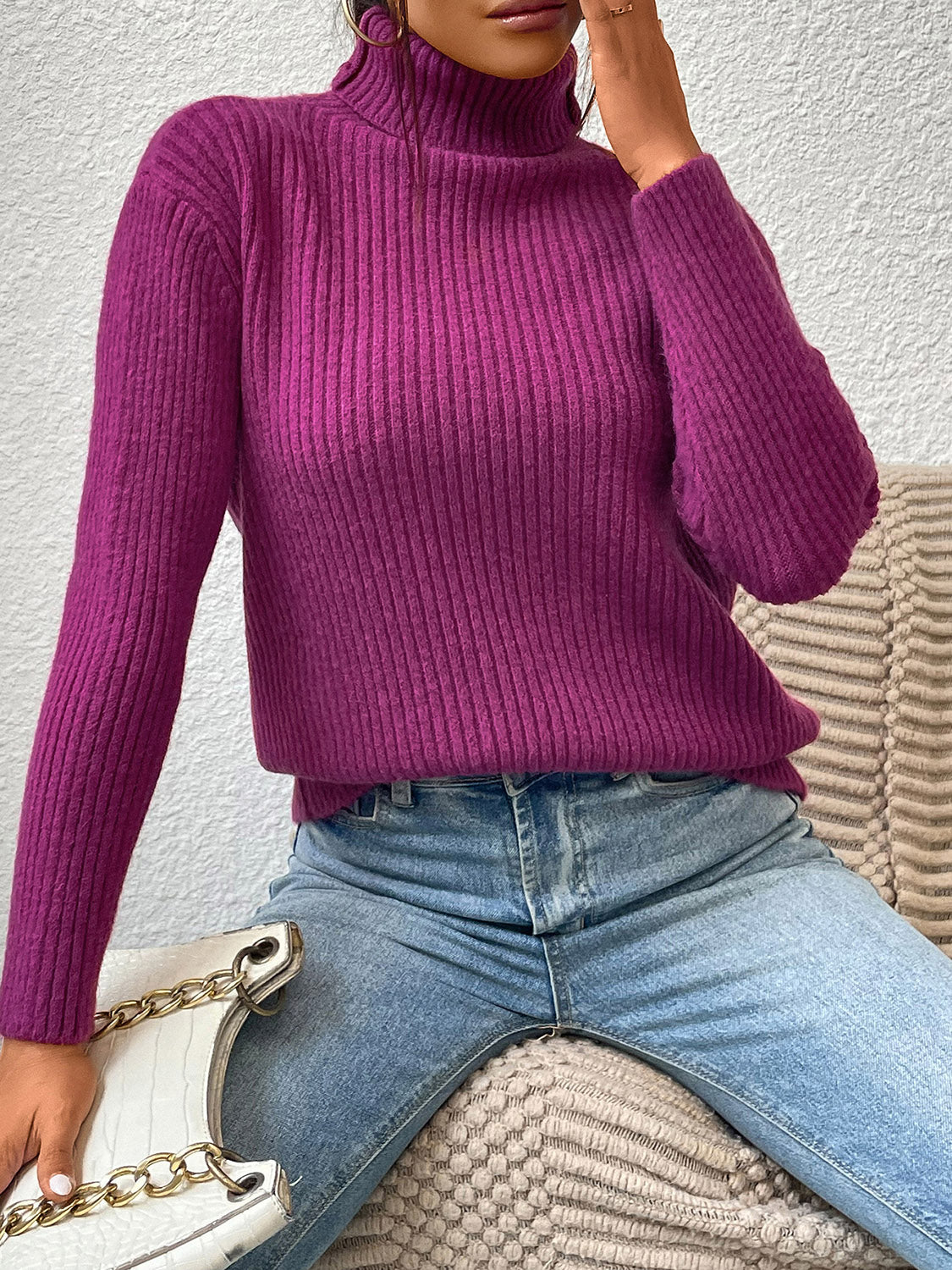 Textured ribbed turtleneck sweater in red-violet, a cozy casual top for women.