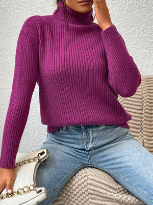 Textured ribbed turtleneck sweater in red-violet, a cozy casual top for women.