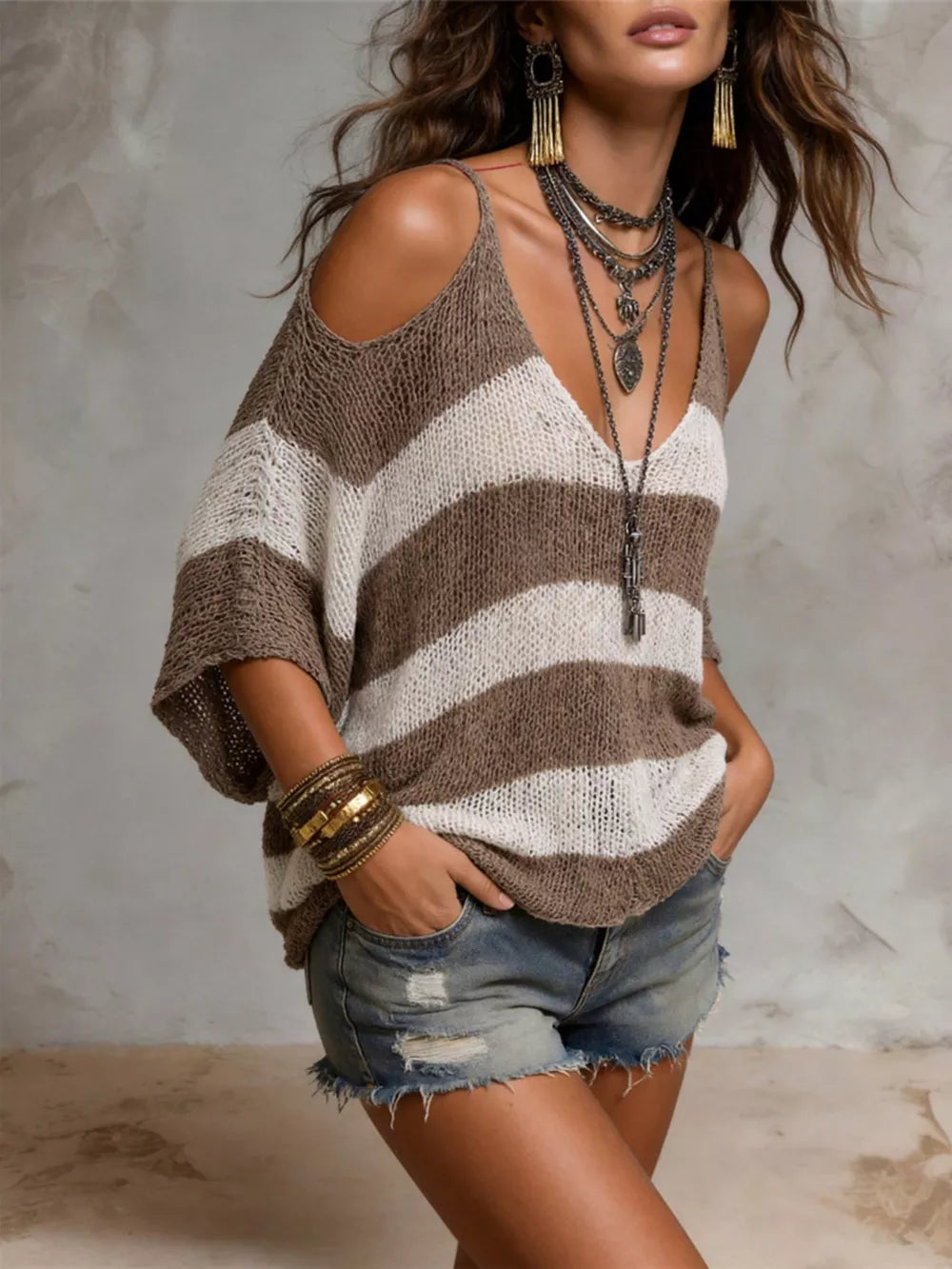 Striped Cold Shoulder Sweater in Black, fabric detail
