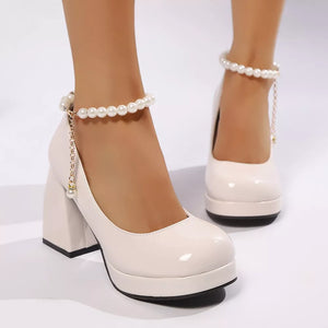 Round Toe Block Heel Pumps in Pink, side view