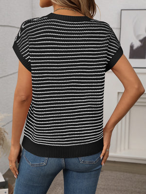 Horizontal stripe knit shell top in black and white with short sleeves.