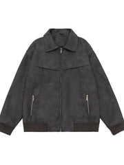 Gray drop shoulder bomber jacket with zip pockets and ribbed cuffs.
