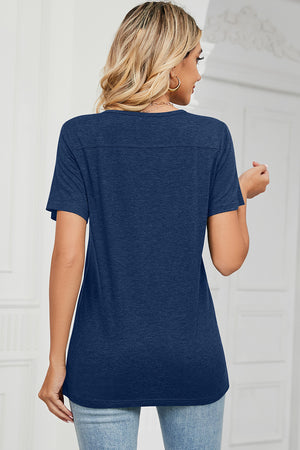 Button-placket henley tee in blue with short sleeves and a relaxed fit.