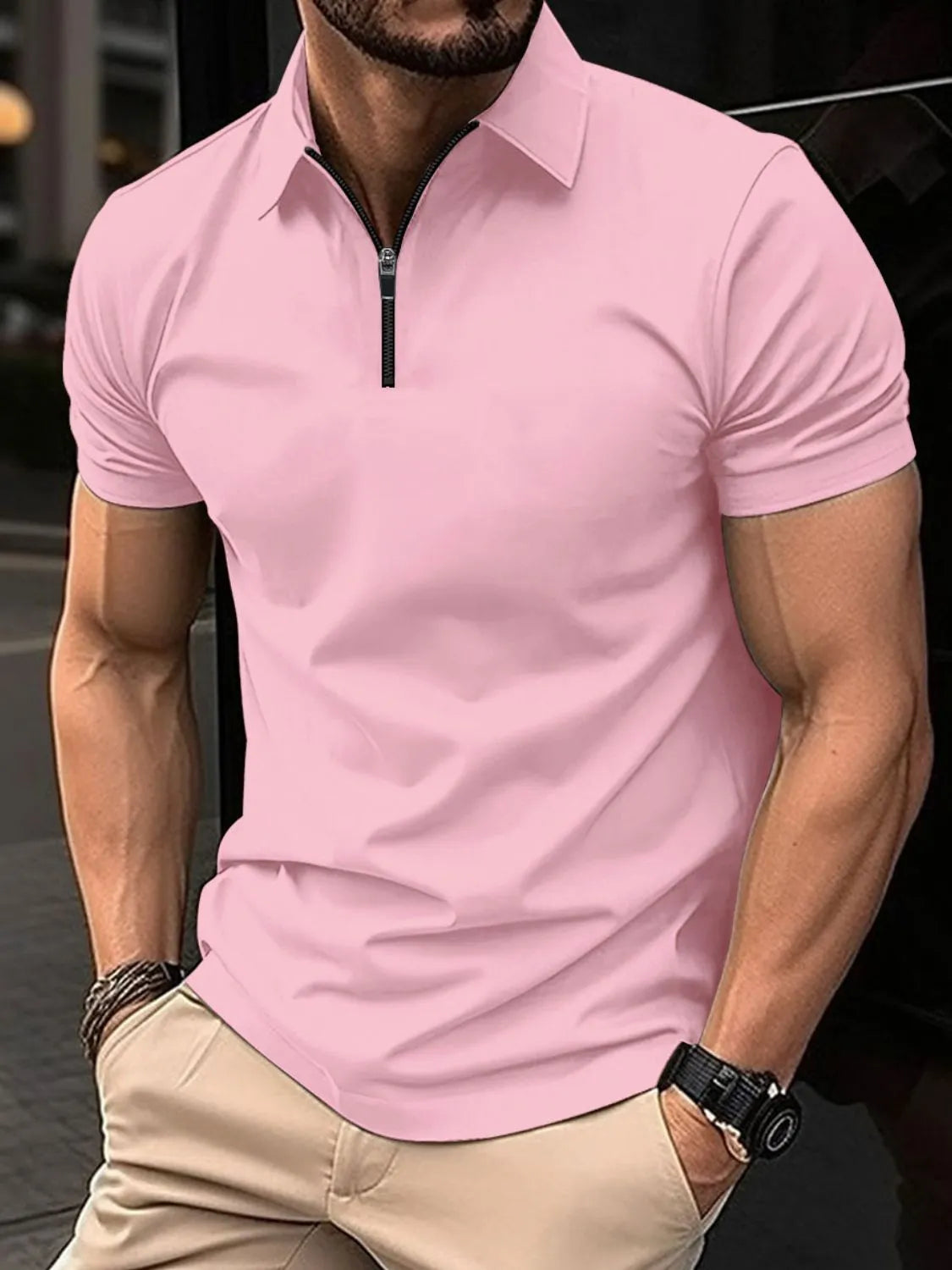 Zip-neck polo shirt in Dusty Pink with short sleeves and a modern fit.