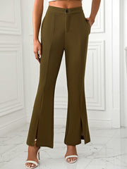 Olive brown tailored flare trousers with split hems and a button closure.