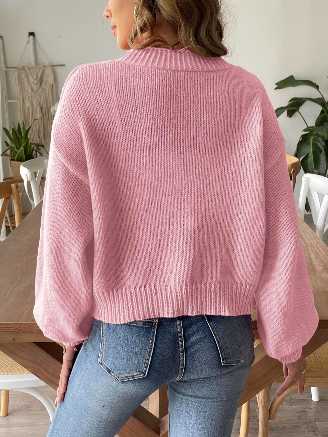 Dusty Pink balloon sleeve knit cardigan with ribbed cuffs and hem