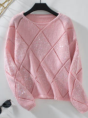 Dusty Pink diamond knit sweater with allover sequins and openwork detail.