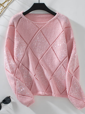 Dusty Pink diamond knit sweater with allover sequins and openwork detail.