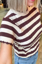 Striped Ribbed Cable Knit Short Sleeve Sweater in Brown, model styling view