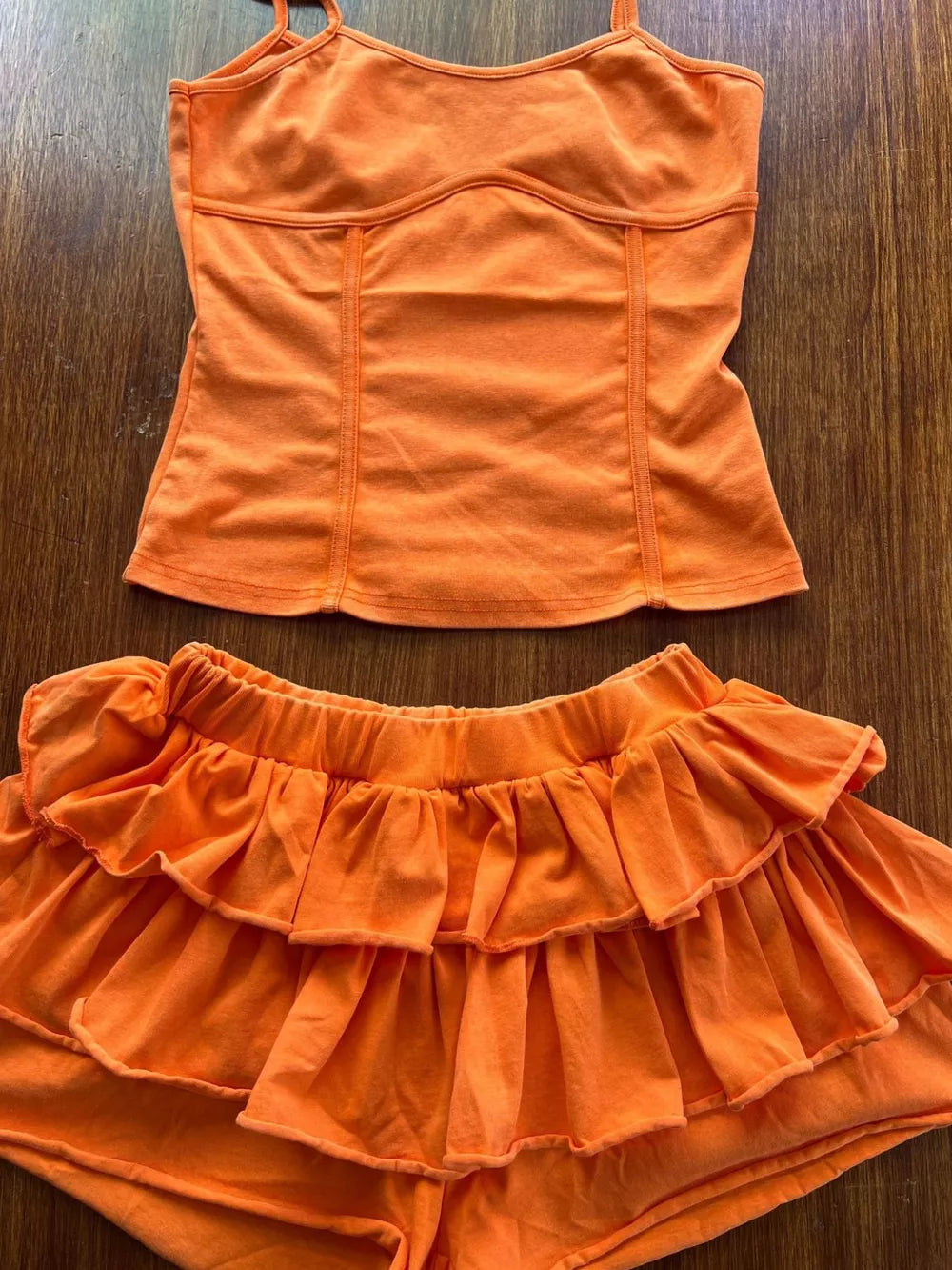 Orange scoop neck cami with ruffled skirt set