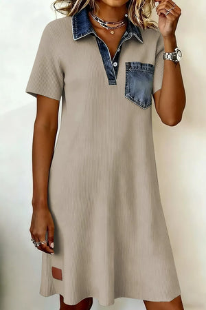 Ribbed knit mini dress in beige with short sleeves, a collared neckline, and a denim chest pocket.
