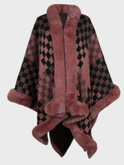 Dusty Pink checkered acrylic cape with faux fur trim and collar detail