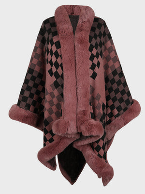 Dusty Pink checkered acrylic cape with faux fur trim and collar detail