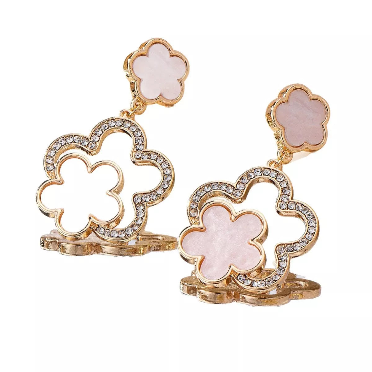 18K gold-plated clover dangle earrings with white inlay and crystal accents.