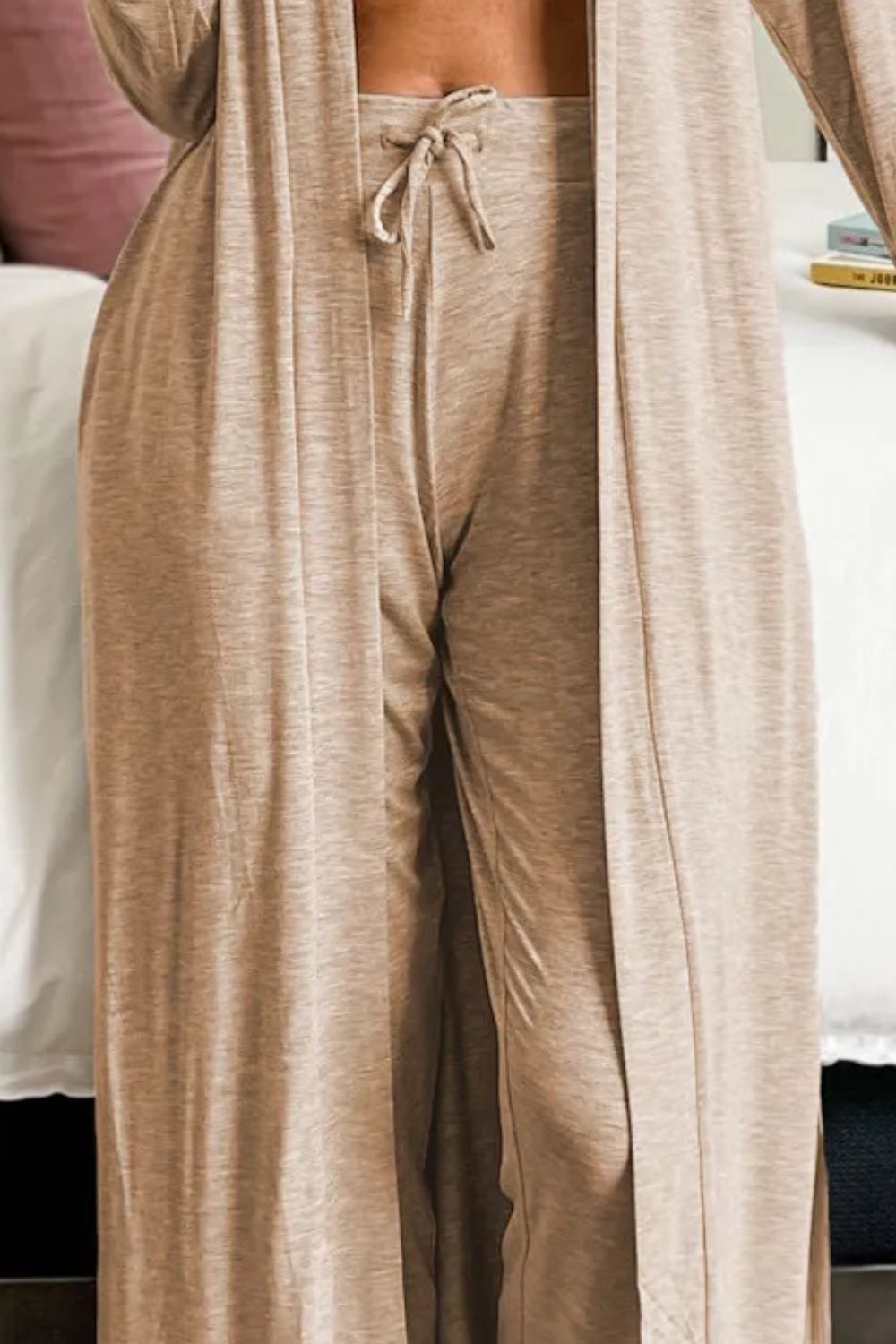 Tan duster and jogger set with drawstring waist, soft knit fabric, perfect for loungewear.