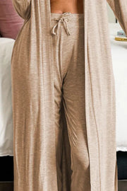 Tan duster and jogger set with drawstring waist, soft knit fabric, perfect for loungewear.