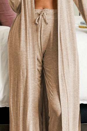 Tan duster and jogger set with drawstring waist, soft knit fabric, perfect for loungewear.