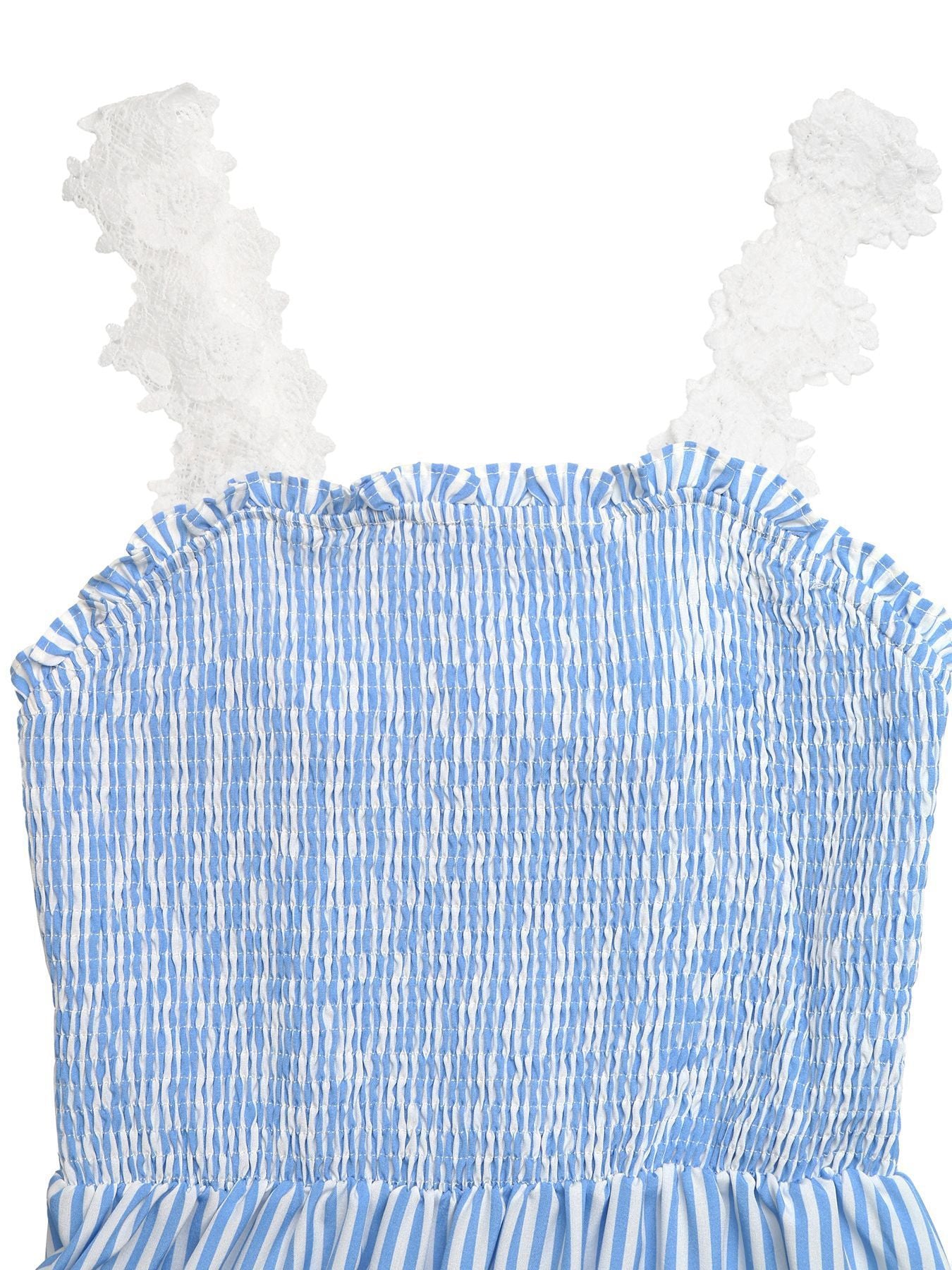 Blue and white striped smocked midi dress with white lace trim straps.