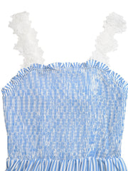 Blue and white striped smocked midi dress with white lace trim straps.