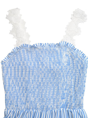 Blue and white striped smocked midi dress with white lace trim straps.