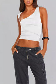 White asymmetrical one-shoulder cropped tank top with a casual cut.