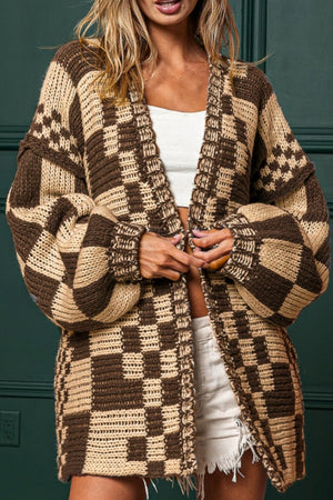 Chic checkered acrylic cardigan in tan with balloon sleeves and open front.