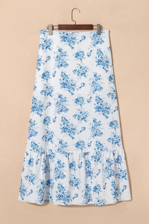 Light blue toile print asymmetric ruffle skirt with a tiered hem.