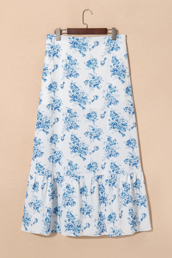 Light blue toile print asymmetric ruffle skirt with a tiered hem.