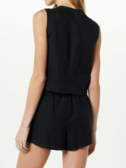 Black linen vest and drawstring shorts set with a cropped vest and relaxed fit shorts.